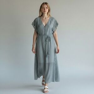 Paper Crane Blue White Striped Maxi Dress‎ M Belted V-Neck Tassel Summer